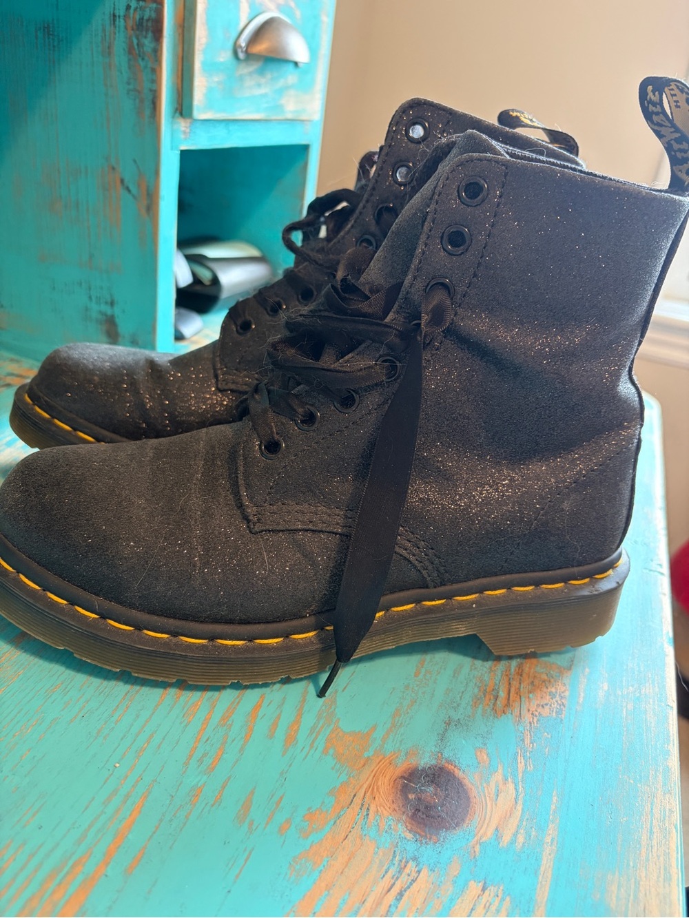 Dr. Martens Black Glitter Lace-Up Ankle Boots with Yellow Welt Stitching